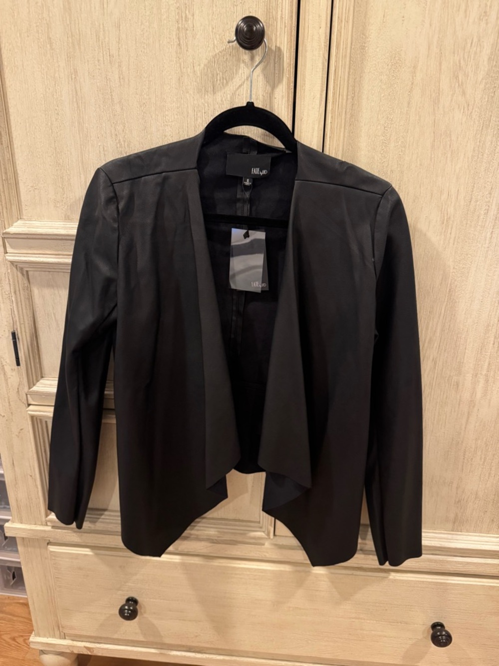 Collared Open-Front Black Faux Leather Blazer